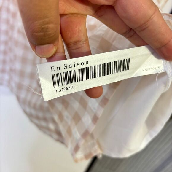 En Saison Value Mini Dress M White Rust Pink Gingham Puff Sleeve Tie Back Tiered - Picture 10 of 12